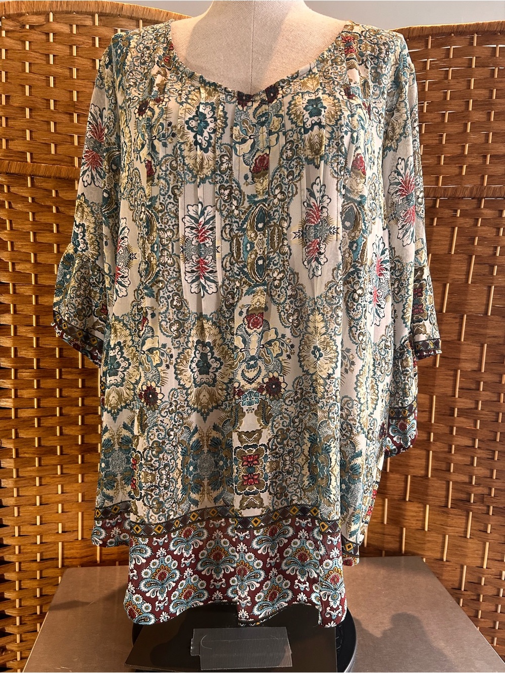 Boho Paisley Bell Sleeve Top XL Artesia Mixed Print Tunic Festival Blouse